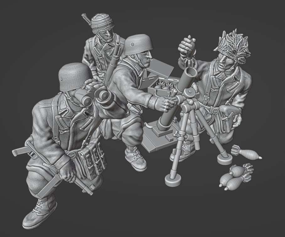 28mm WW2 German Fallschirmjager miniatures with 81mm mortar and ammo accessories for Bolt Action games