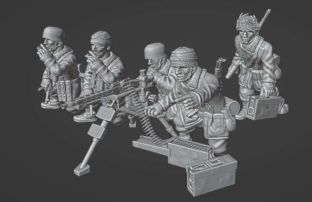 28mm WW2 German Fallschirmjager miniatures with MG42 tripod and soldiers unpainted resin models