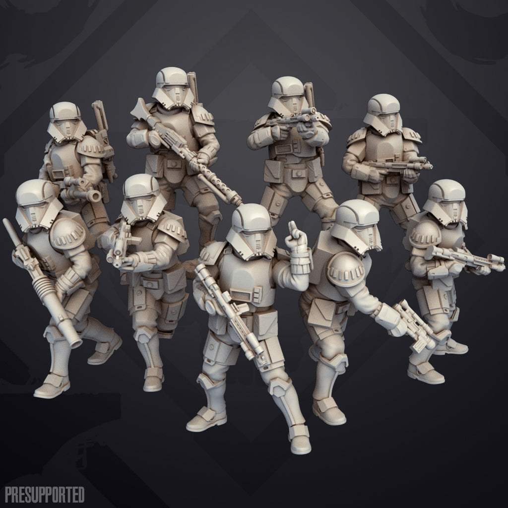 Set of nine unpainted 32mm Authority Frontier Trooper resin miniatures with detailed armor and weapons