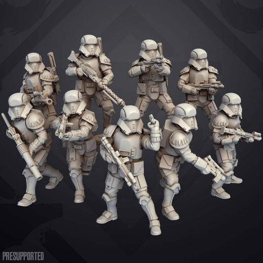 Set of nine unpainted 32mm Authority Frontier Trooper resin miniatures with detailed armor and weapons