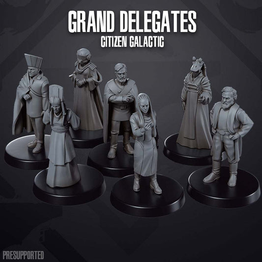 Set of seven unpainted 32mm printed miniatures of grand delegates from Citizen Galactic, detailed resin models on round bases.