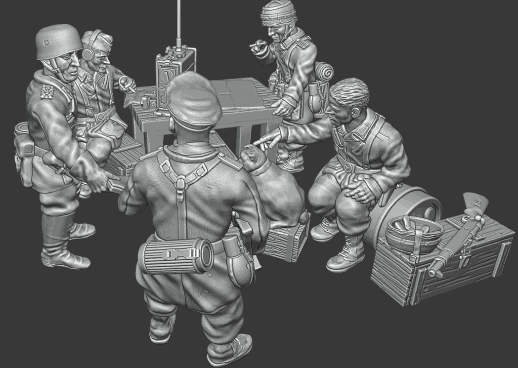 28mm WW2 German Paratrooper Officer miniatures set with radio, ammo crate, and cat, unpainted resin models for Bolt Action games