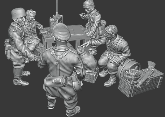 28mm WW2 German Paratrooper Officer miniatures set with radio, ammo crate, and cat, unpainted resin models for Bolt Action games