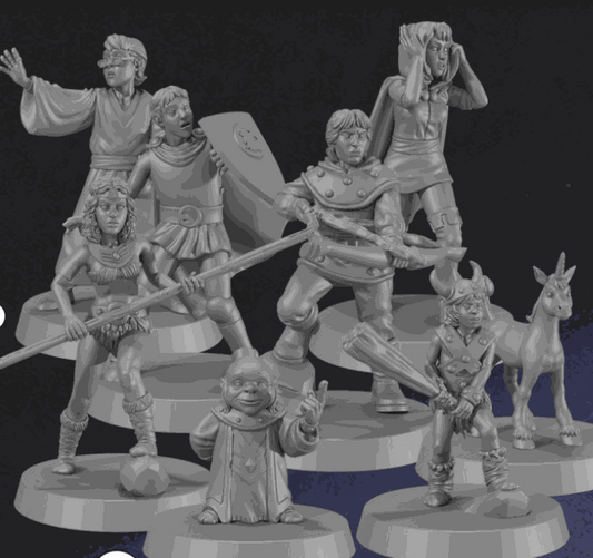 Set of eight unpainted 32mm resin Heroes of The Realm gaming miniatures with detailed fantasy characters.