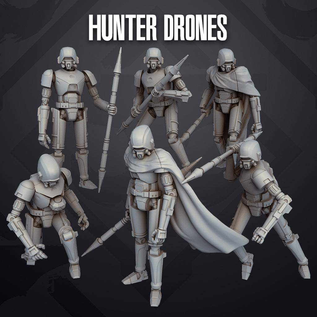 Set of six 32mm Hunter Drones unpainted resin miniatures with detailed sci-fi armor and weapons.