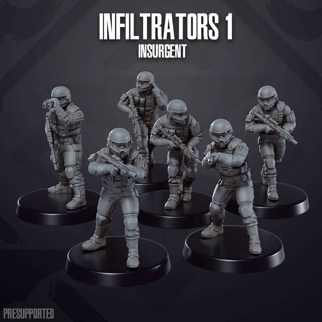 Set of six 32mm resin printed unpainted infiltrator miniatures in tactical gear on round bases