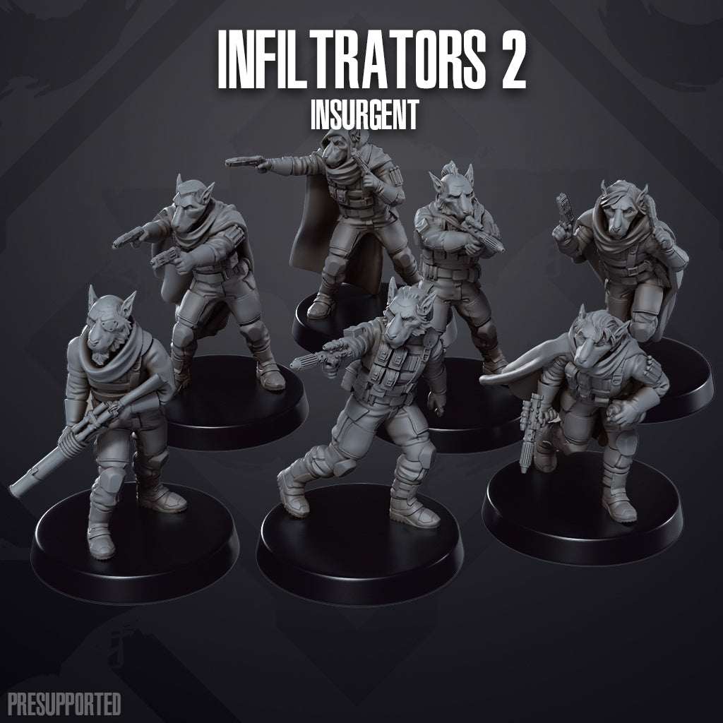 Set of seven unpainted 32mm resin printed miniature infiltrator models with animal-headed characters and detailed gear on black bases