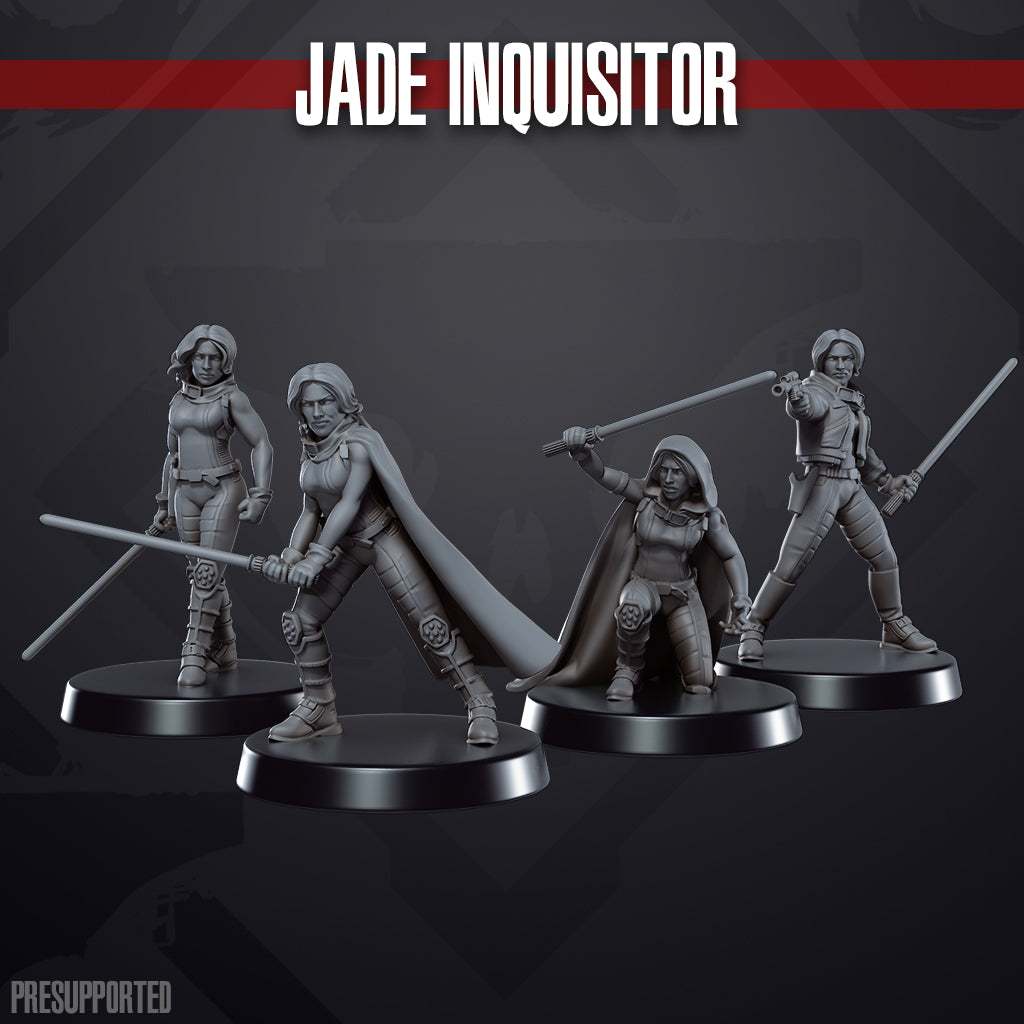 Set of 32mm Jade Inquisitor resin miniatures unpainted and assembled, detailed poses with weapons on round bases