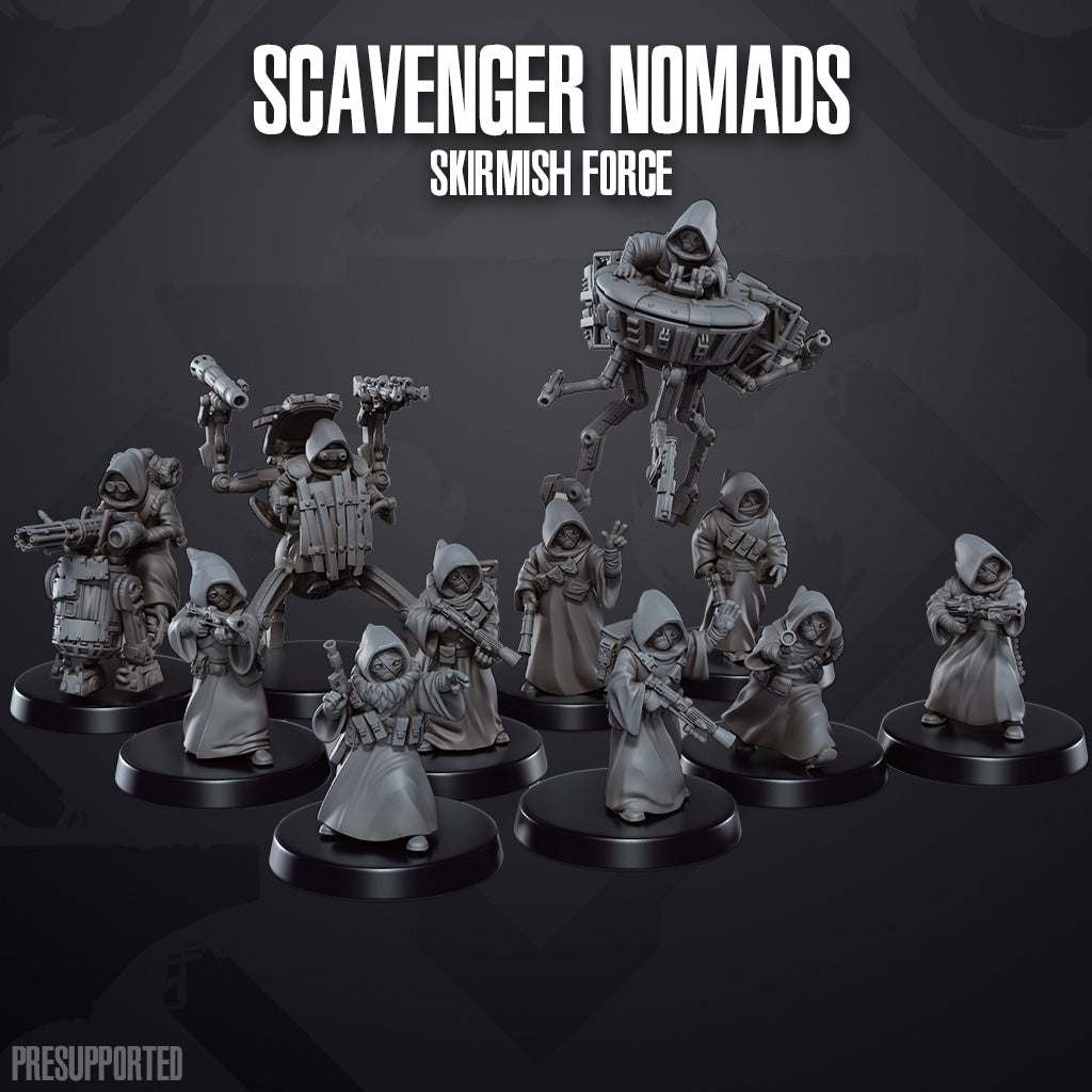 Set of 11 unpainted 32mm Scavenger Nomads resin miniatures for skirmish gaming, detailed and ready for assembly