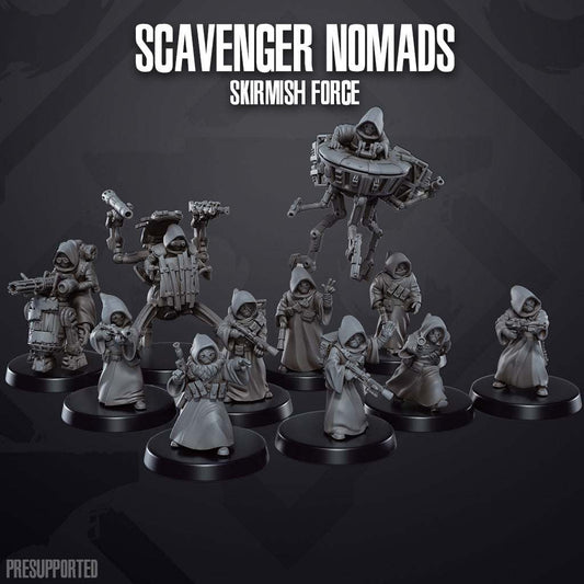 Set of 11 unpainted 32mm Scavenger Nomads resin miniatures for skirmish gaming, detailed and ready for assembly