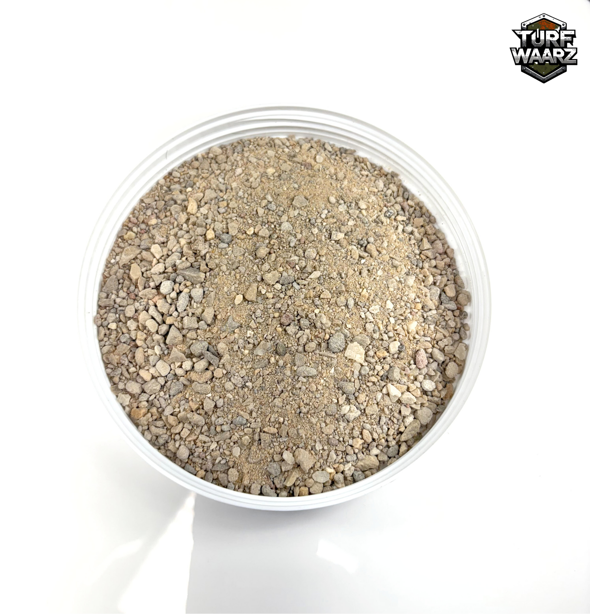 Khaki Urban Rubble wargame terrain texture mix in plastic container for miniature modeling and tabletop games