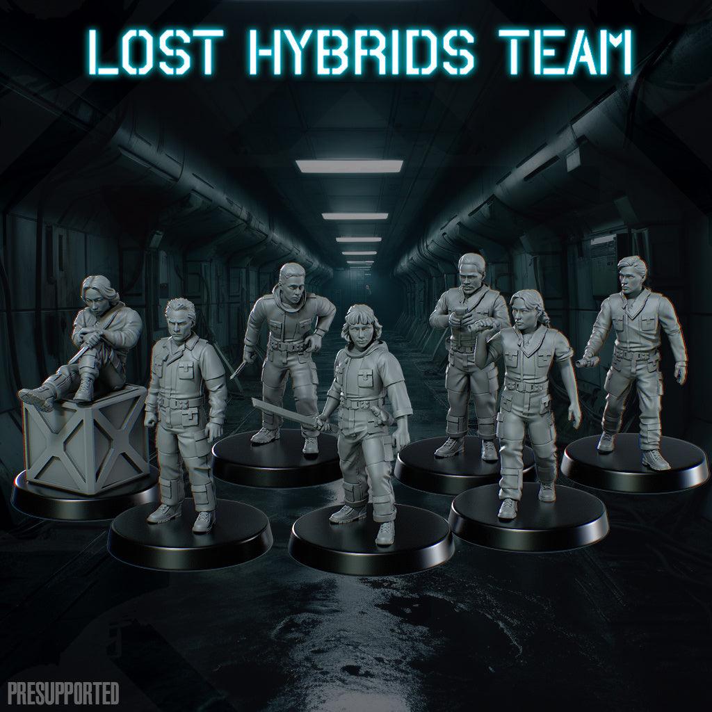 Set of seven unpainted 32mm Lost Hybrids resin miniatures for tabletop gaming