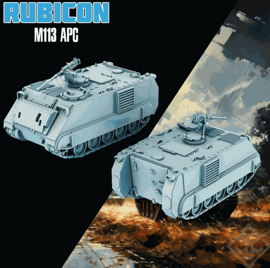 32mm printed miniature model of an M113 armored personnel carrier in resin with detailed tracks and mounted weapon.
