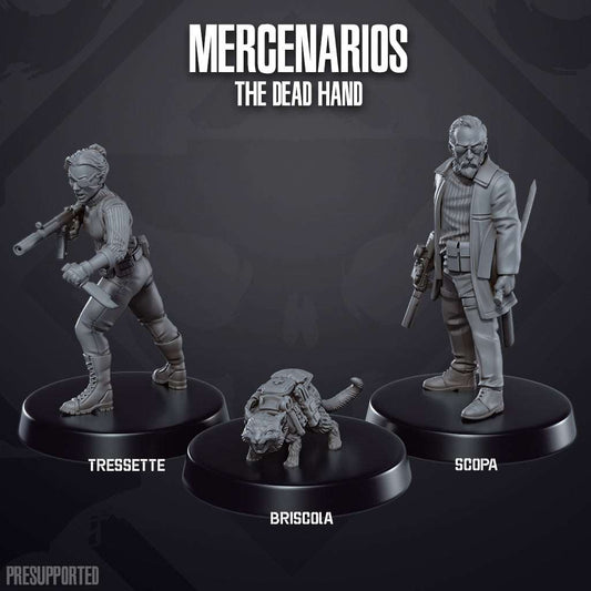 Three 32mm resin printed Mercenarios miniatures Tressette, Briscola, and Scopa unpainted on display bases