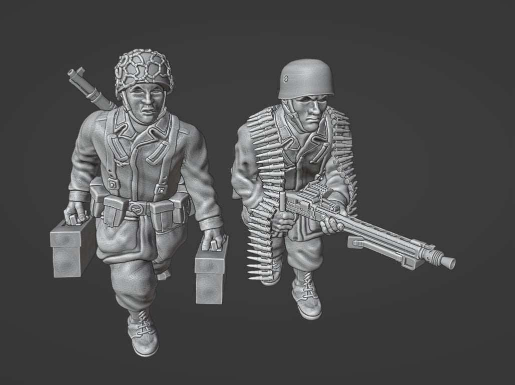 28mm German Fallschirmjager MG42 Team resin miniatures with MG42 machine gun and ammo carriers unpainted