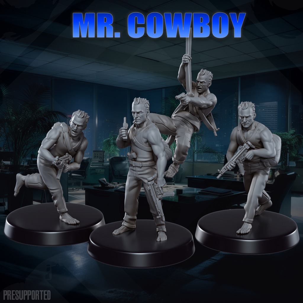 Set of four 32mm Mr Cowboy resin miniatures, unpainted and detailed, posed with weapons and dynamic stances on black bases.