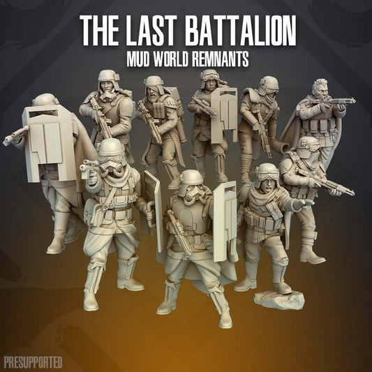 Set of ten 32mm Mud Troopers resin miniatures in unpainted sci-fi military poses with shields and weapons