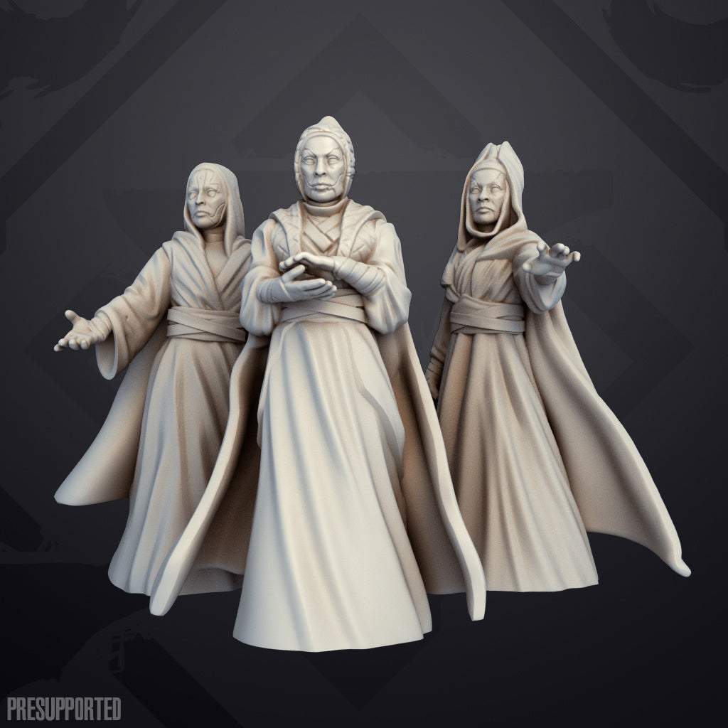 Three unpainted 32mm resin miniatures of 32mm Dusk Matrons with detailed robes and outstretched arms