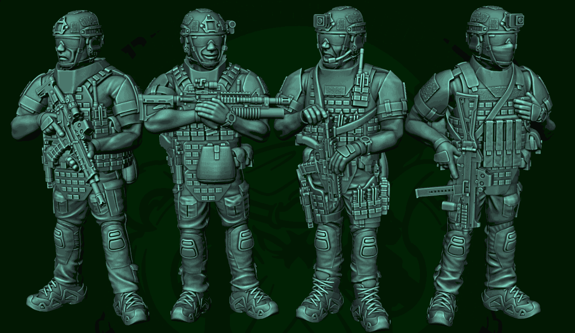 28mm modern North American and Western Europe resin miniatures set of four unpainted heroic scale soldiers with detailed gear and weapons