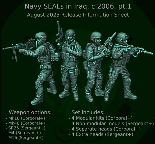 28mm Modern Navy SEALs resin miniatures set with four unpainted figures and multiple weapon options from Iraq, c2006.