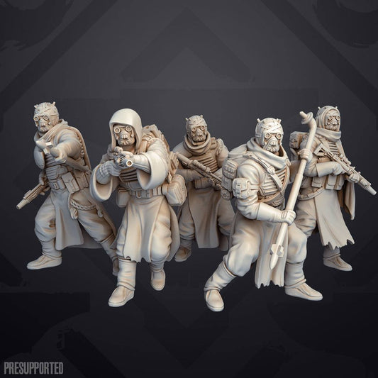 Set of five 32mm resin printed Offworld Raider miniatures unpainted and unbased