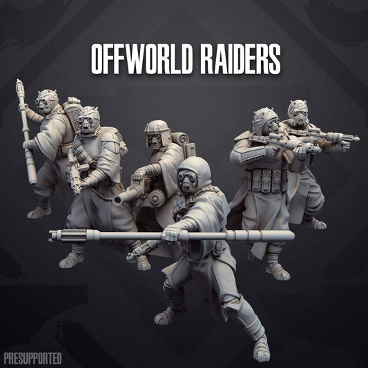 Set of six 32mm resin printed Offworld Raider miniatures unpainted and unbased