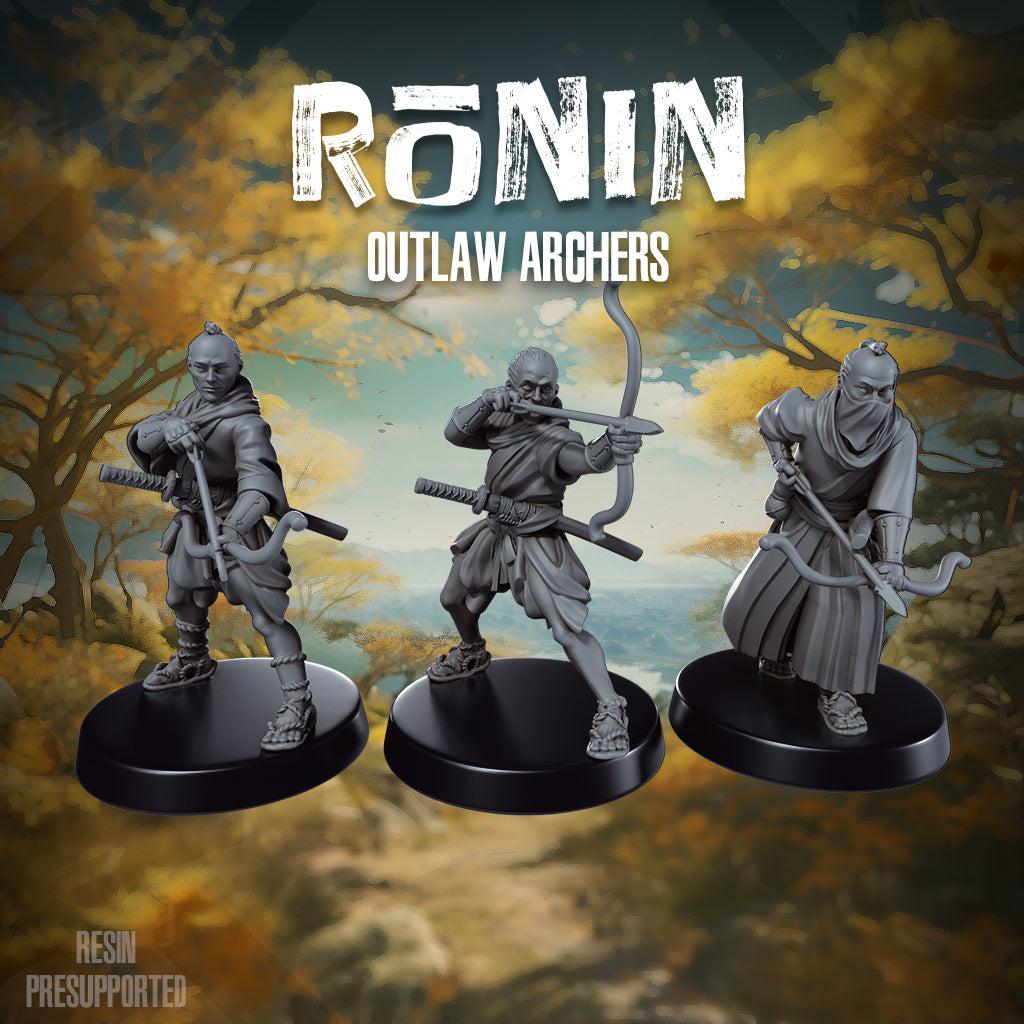 32mm Ronin Outlaw Archers resin miniatures set of three unpainted archers with bows and swords on black bases