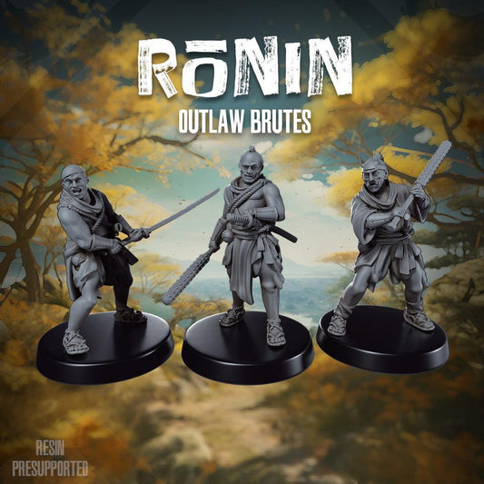 32mm Ronin Outlaw Brutes set of three unpainted resin miniatures with detailed samurai weapons and armor