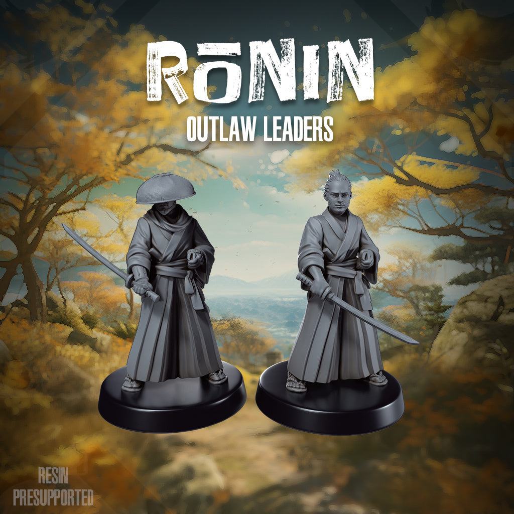 32mm Ronin Outlaw Leaders unpainted resin miniatures set with samurai swords and detailed robes