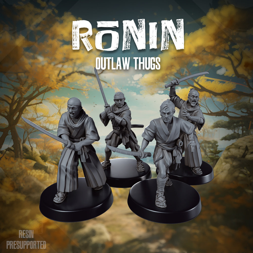 32mm Ronin Outlaw Thugs unpainted resin miniatures set of four with swords, 32mm scale models
