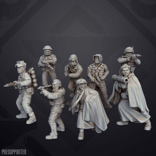 Set of ten unpainted 32mm Partizan Infantry resin miniatures in various poses with detailed gear and weapons