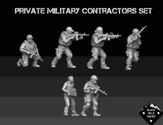 28mm modern private military contractor miniatures set including six PMC operators and one VIP figure in tactical gear with M4 rifles and M249 LMG, unpainted resin models