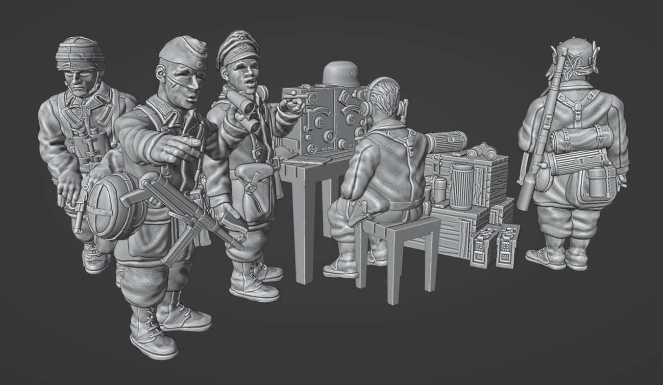 28mm German Fallschirmjager resin miniatures set with radio post and ammo boxes for WW2 skirmish games