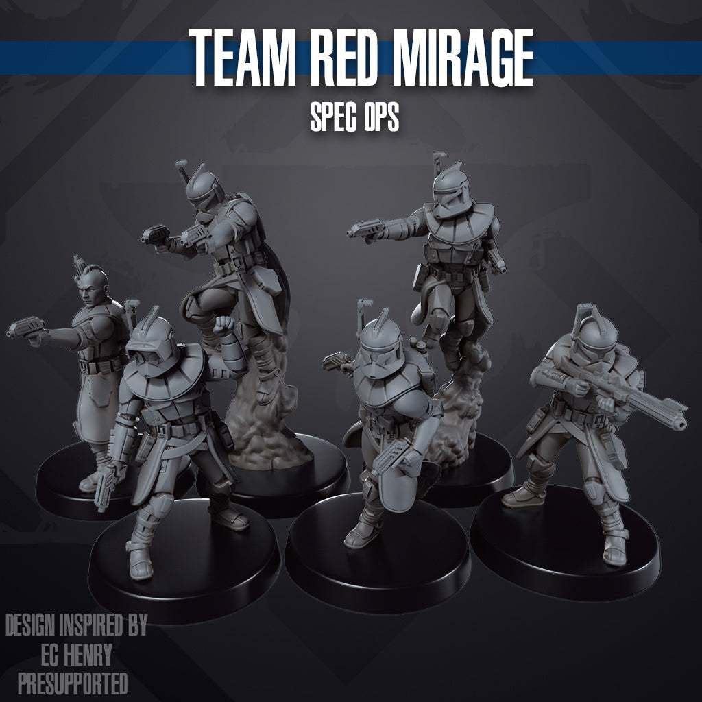 Set of six 32mm printed miniatures in resin, unpainted and unbased, featuring Team Red Mirage Spec Ops figures