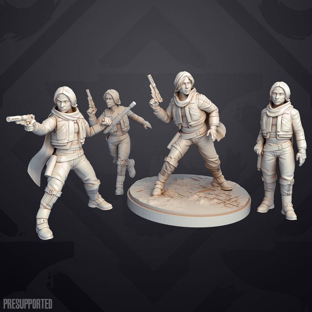 Set of four 32mm resin printed unpainted Rogue Saboteur miniatures with detailed poses and sci-fi gear, bases not included