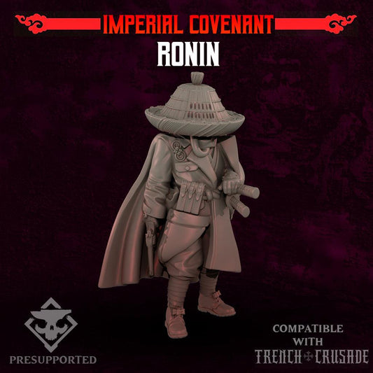 32mm Ronin resin printed miniature model unpainted with samurai attire and hat