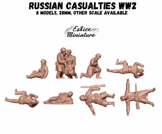 28mm WW2 Russian Casualties resin miniature models of nine unpainted Stalingrad infantry soldiers in various casualty poses