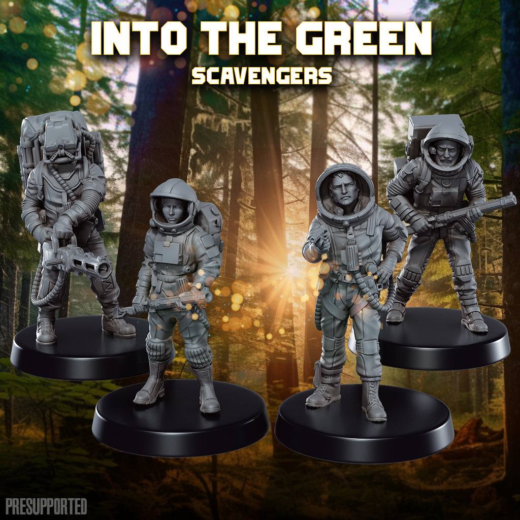 Set of four 32mm printed miniatures featuring detailed scavenger characters in resin, unpainted and ready for assembly.