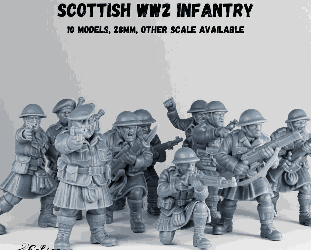 28mm WW2 Scottish Infantry unpainted resin miniatures set of ten soldiers in combat poses