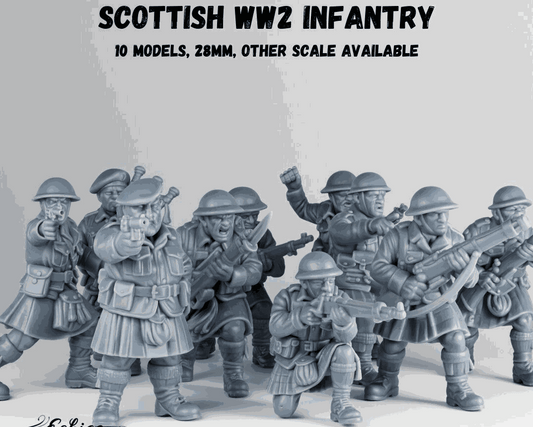 28mm WW2 Scottish Infantry unpainted resin miniatures set of ten soldiers in combat poses