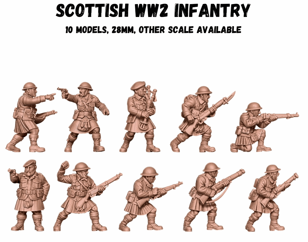 28mm WW2 Scottish Infantry resin miniatures set of ten unpainted models