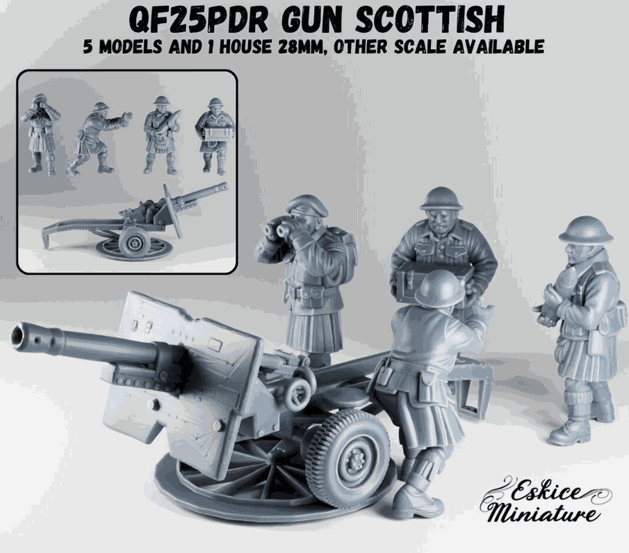 28mm WW2 Scottish resin miniatures with four gunners and one 25 PDR artillery gun unpainted