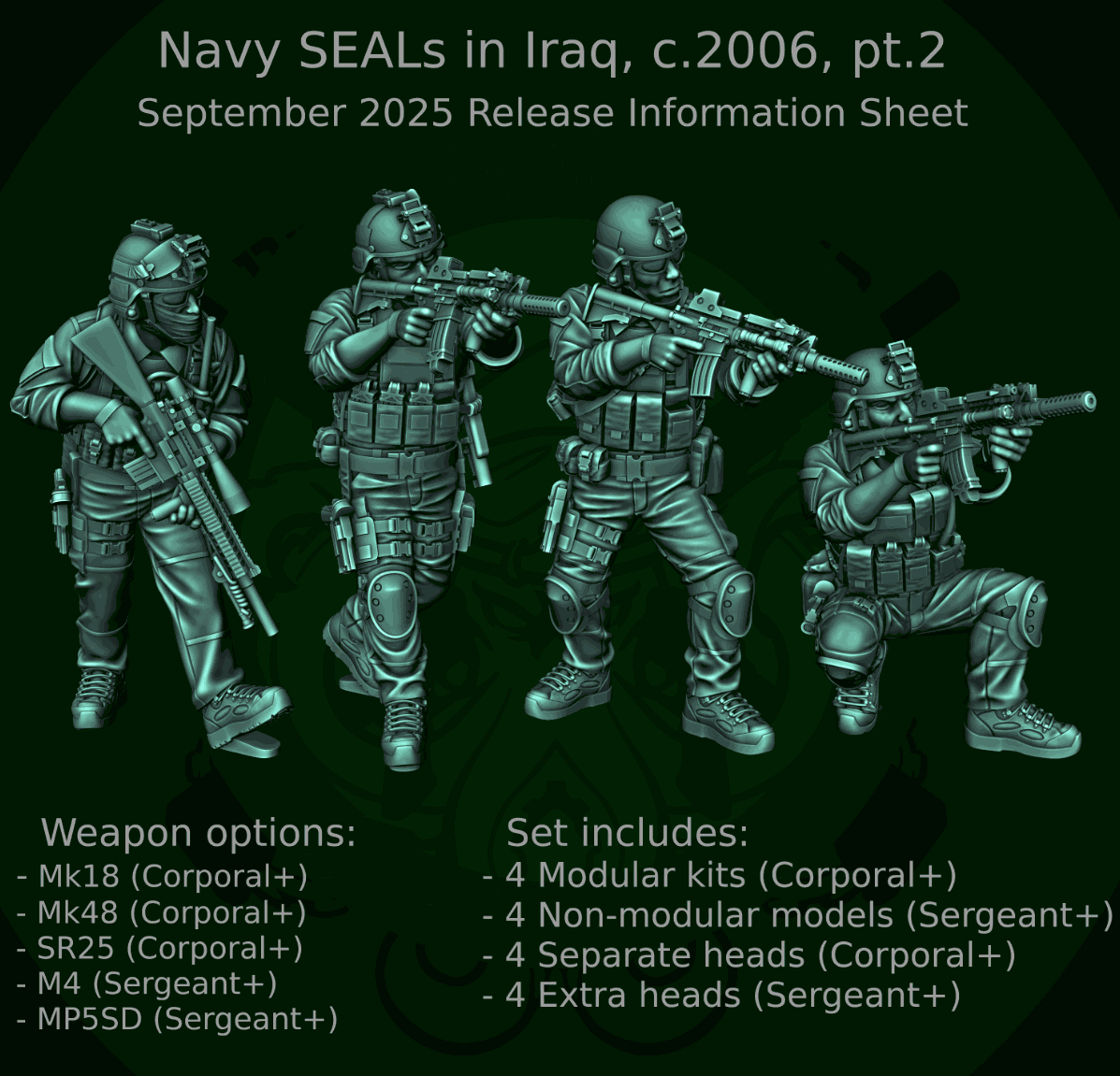28mm modern Navy SEALs resin miniatures set with four unpainted, detailed heroic scale figures in Iraq, c2006, armed with various weapons
