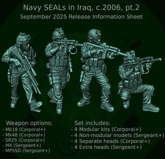 28mm modern Navy SEALs resin miniatures set with four unpainted, detailed heroic scale figures in Iraq, c2006, armed with various weapons