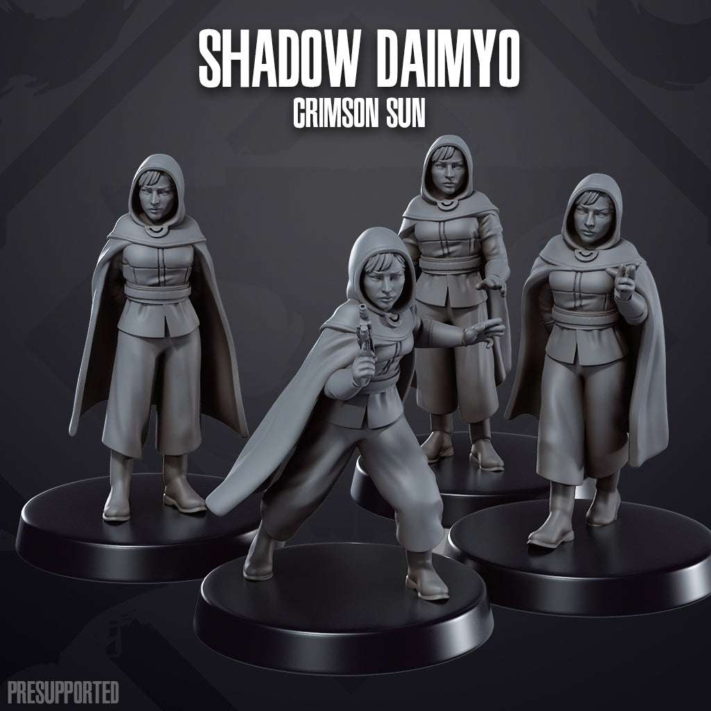 Set of four 32mm Shadow Daimyo resin miniatures in dynamic poses, unpainted and prepped for assembly