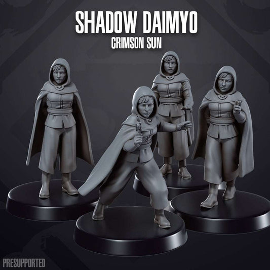 Set of four 32mm Shadow Daimyo resin miniatures in dynamic poses, unpainted and prepped for assembly