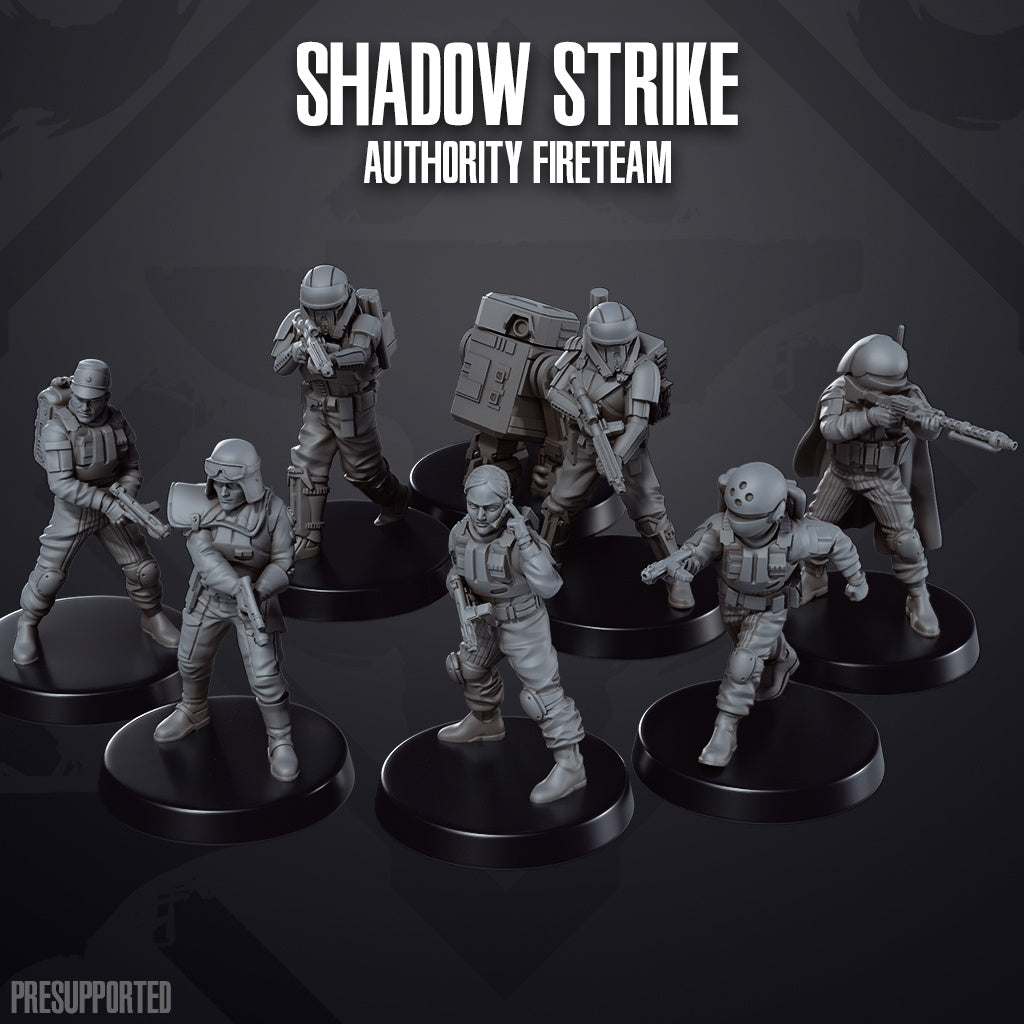 Set of eight unpainted 32mm Shadow Strike resin miniatures depicting an authority fireteam in various action poses
