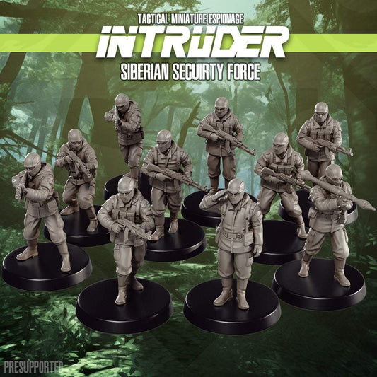 Set of ten 32mm unpainted resin miniatures depicting Siberian Security Force soldiers for tactical miniature espionage games.