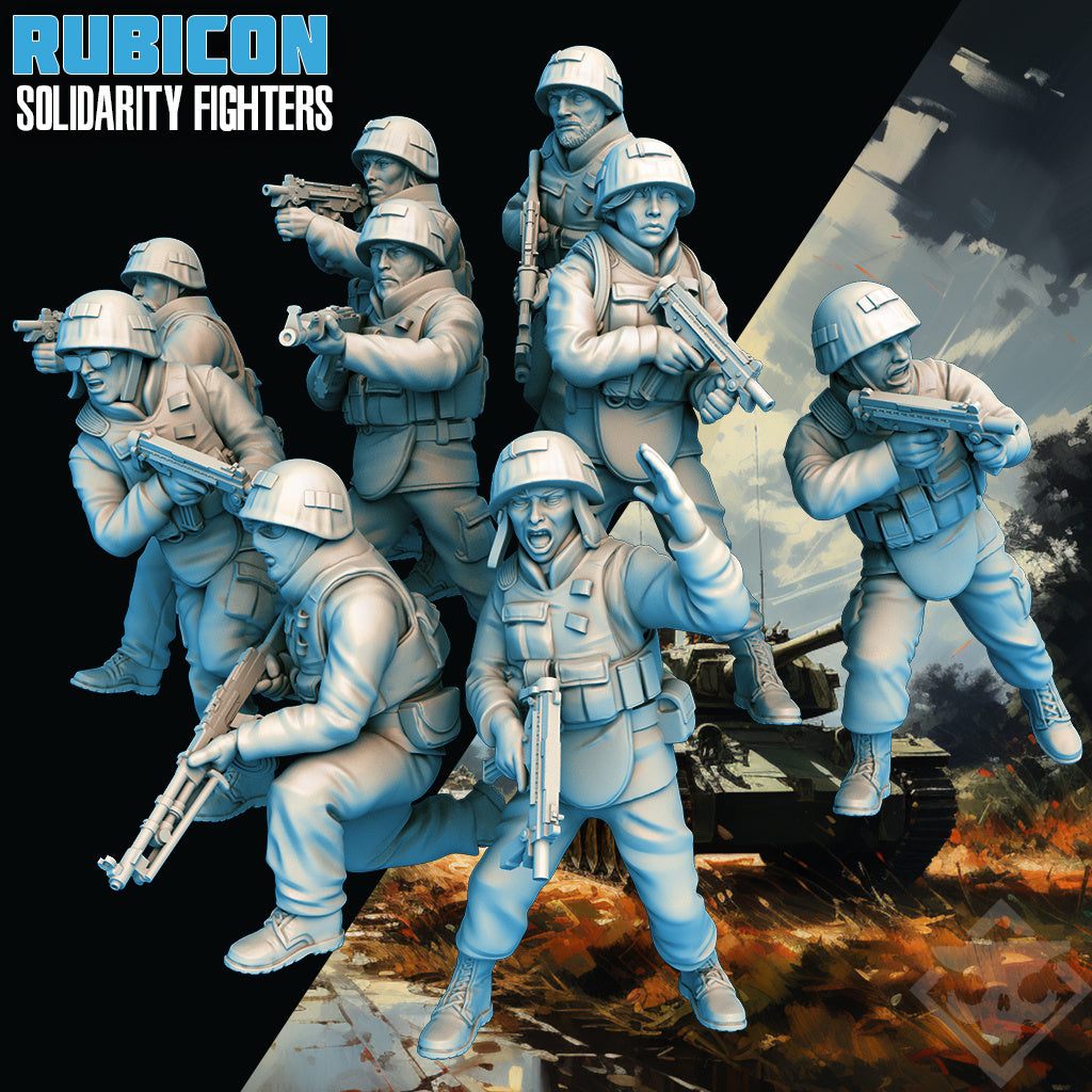 Set of 9 unpainted 32mm 3D printed resin miniatures of armed solidarity fighters in various poses