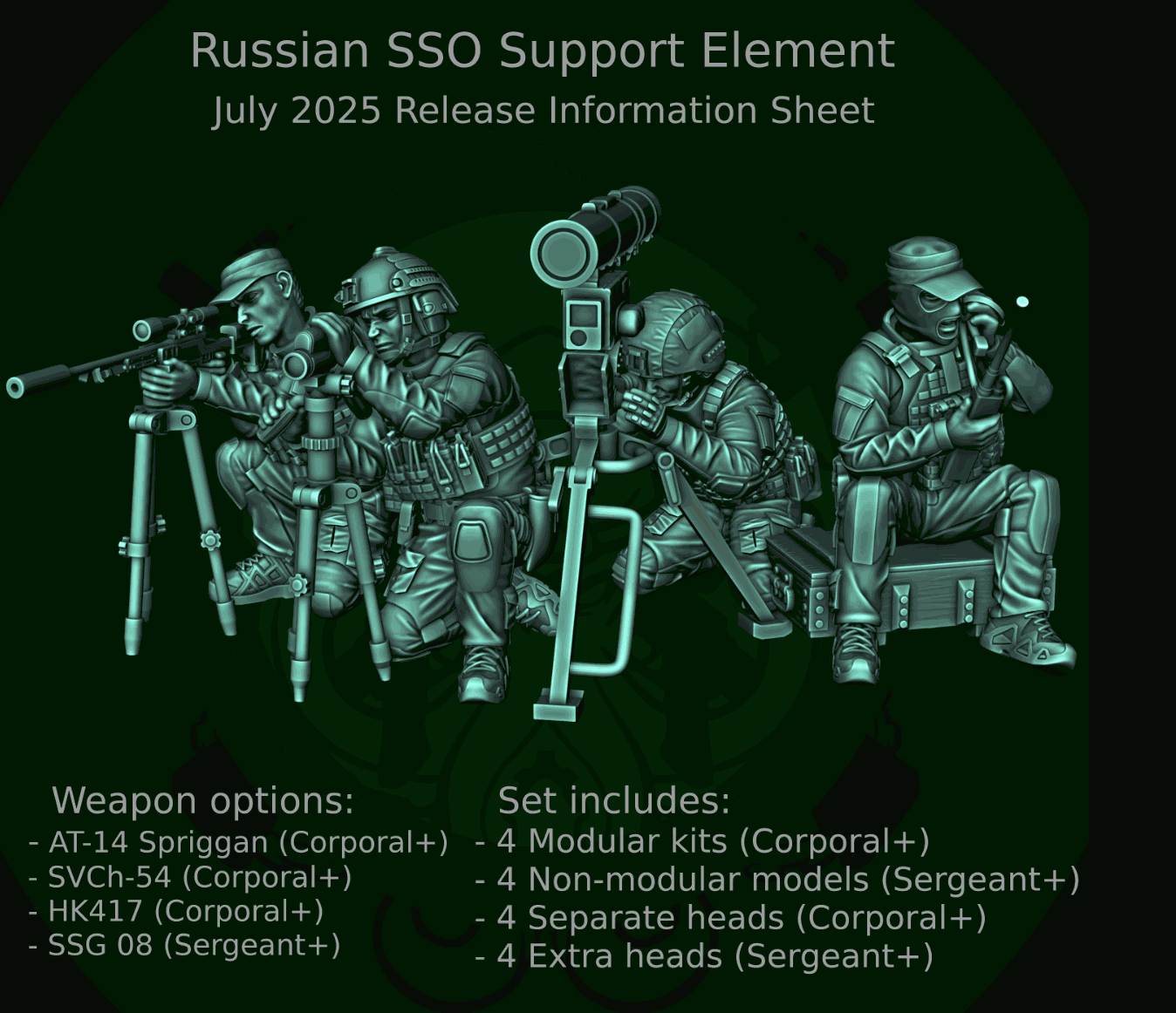 28mm modern Russian SSO support element resin miniatures set with four detailed heroic scale figures and weapon options including AT-14, SVCh-54, HK417, and SSG 08.